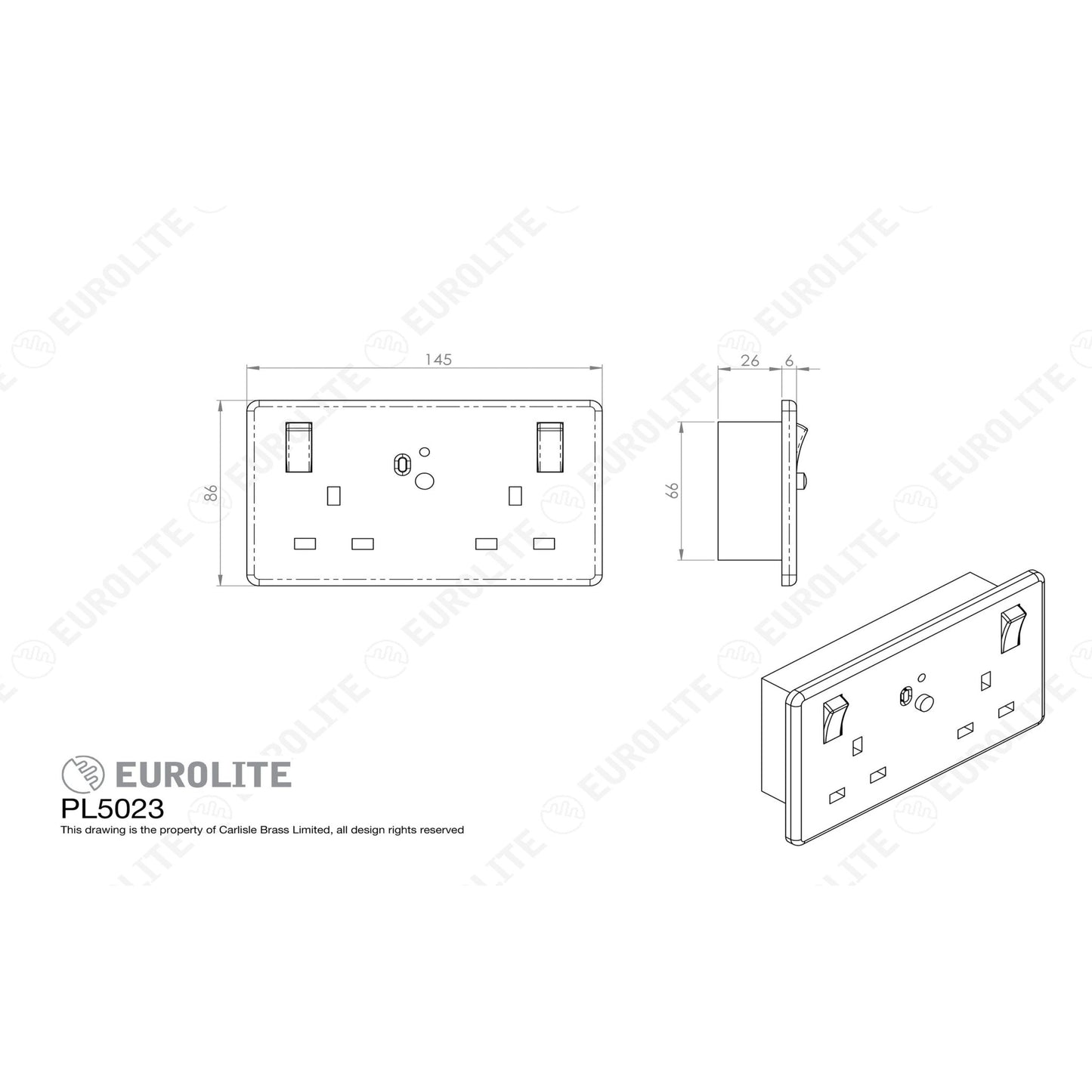 Eurolite Enhance White Plastic Rcd in white, featuring a rectangular design with multiple connection points. Dimensions include 145 mm width, 26 mm height, and standard mounting options.
