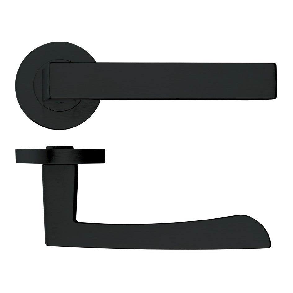 Zoo Hardware Mensa Lever on Round Rose in black finish, featuring a contemporary lever handle design with a round rose for easy installation.
