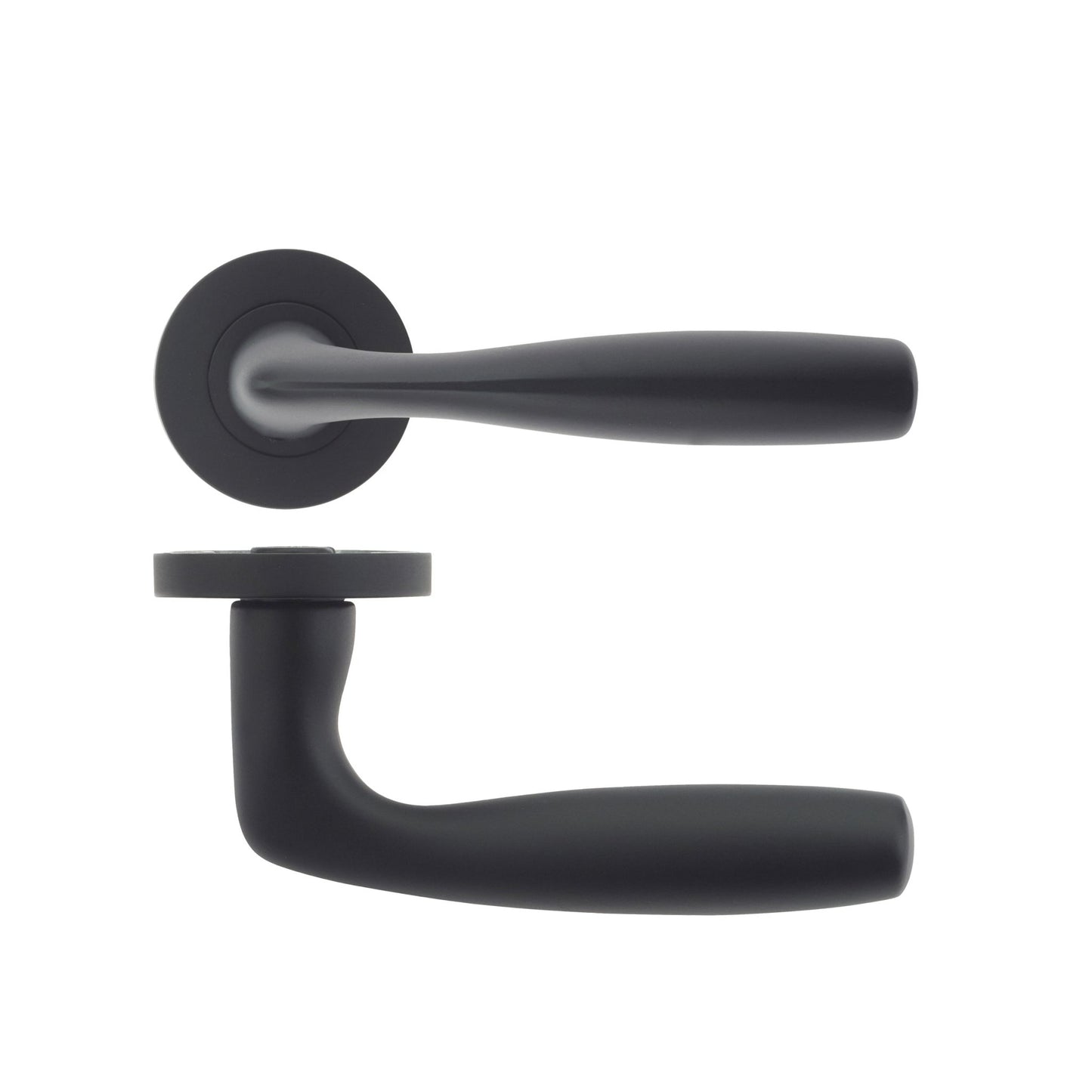 Zoo Hardware Corvus Lever on Round Rose in matte black, featuring a modern curved lever design with a round rosette base for installation.