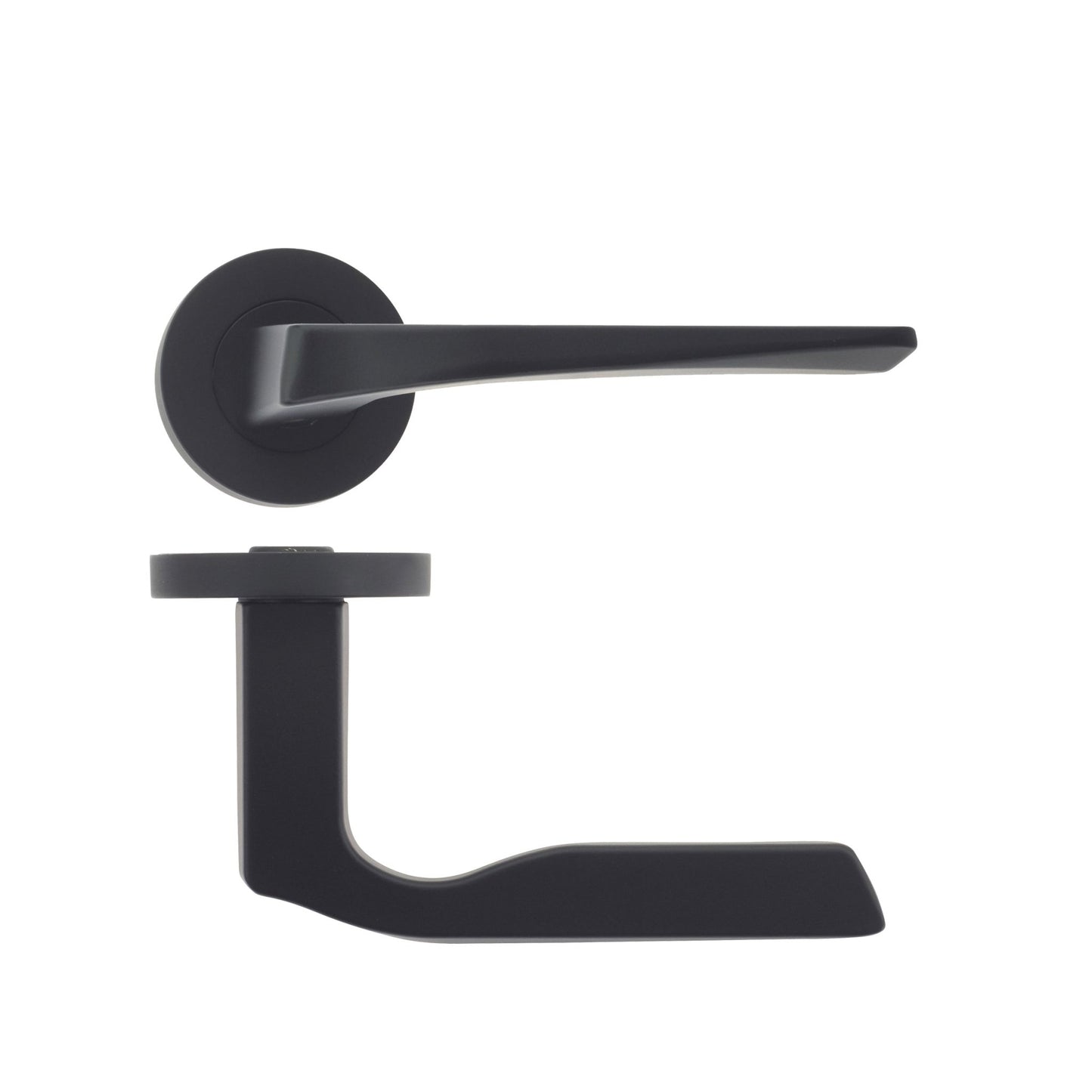 Zoo Hardware Lyra Lever on Round Rose in a matte black finish, featuring a minimalist lever design attached to a circular rose plate.