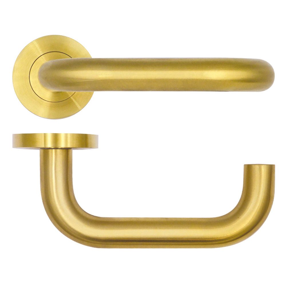 Zoo Hardware Maggiore Lever on Round Rose in a brushed gold finish, featuring a modern, curved lever design attached to a round rose.
