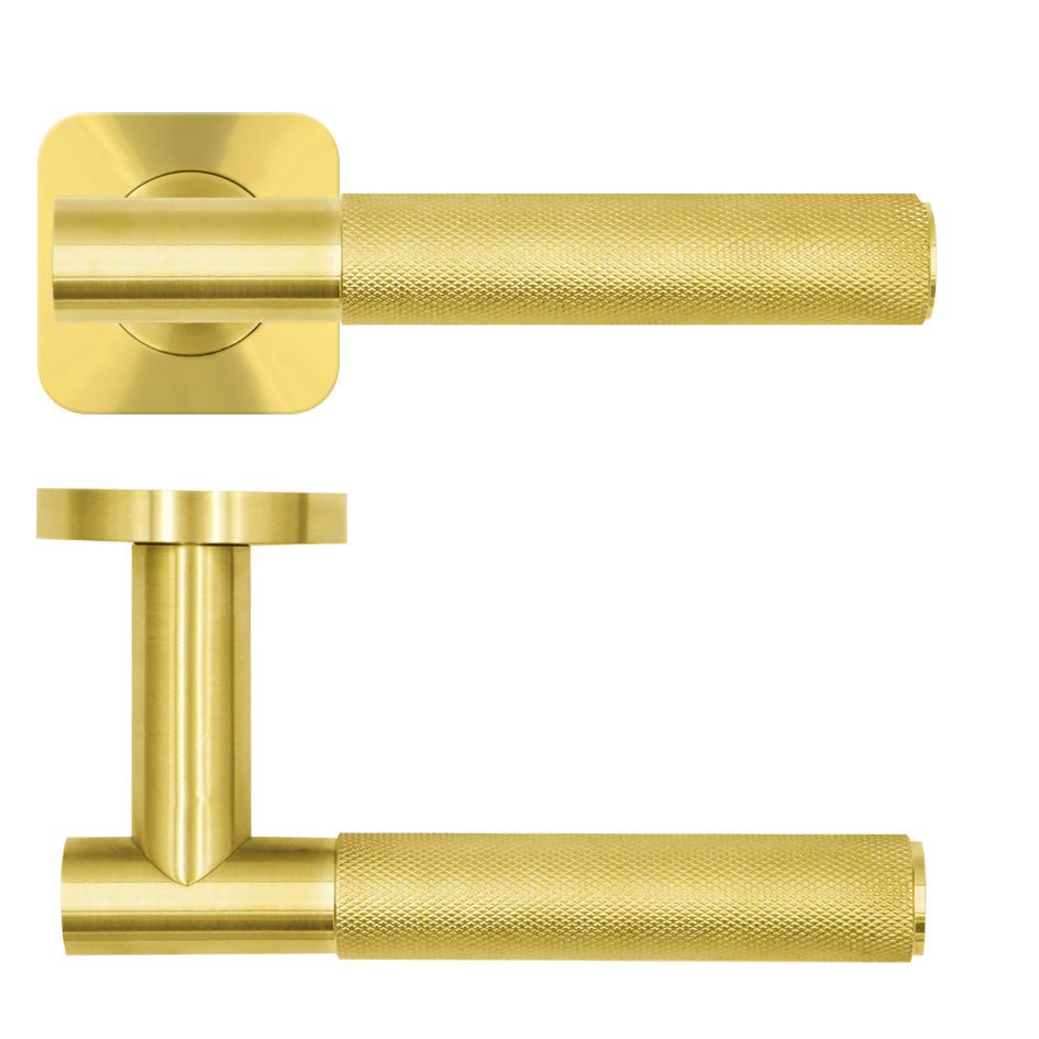 Zoo Hardware Orta Lever on Square Rose in polished brass, featuring a textured grip and square rose design, suitable for modern door installations.