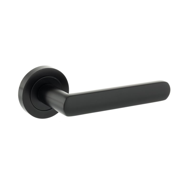 Atlantic Status Carolina Lever Handle on Round Rose in satin brass finish, featuring a sleek, modern design with a round rose plate and straight lever. The lever is designed for easy gripping and operation.