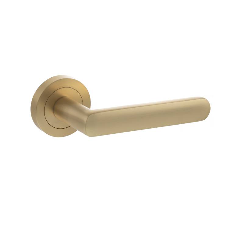 Atlantic Status Carolina Lever Handle on Round Rose in satin brass, featuring a smooth, elongated lever design with a modern round rose for easy installation.