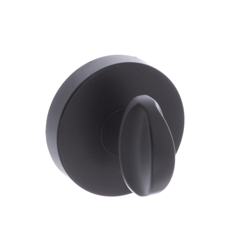 Atlantic STATUS WC Turn and Release on S4 Round Rose in matte black finish, featuring a round rose design and a sleek turn knob for privacy. Made from durable metal for reliable functionality and a modern look.