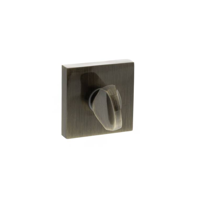 Atlantic STATUS WC Turn and Release on S4 Square Rose in brushed nickel finish, featuring a square plate and a rounded knob for locking or unlocking bathroom doors.