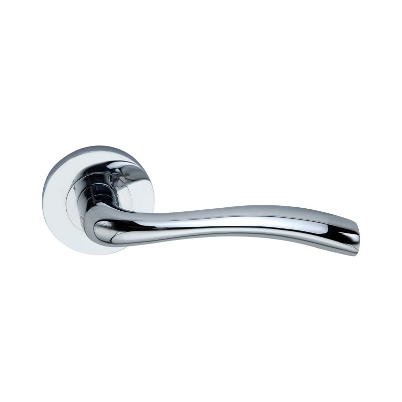 Spira Brass Zofie Door Handle in polished chrome, featuring a sleek, curved lever design and circular rose for easy grip and smooth operation.