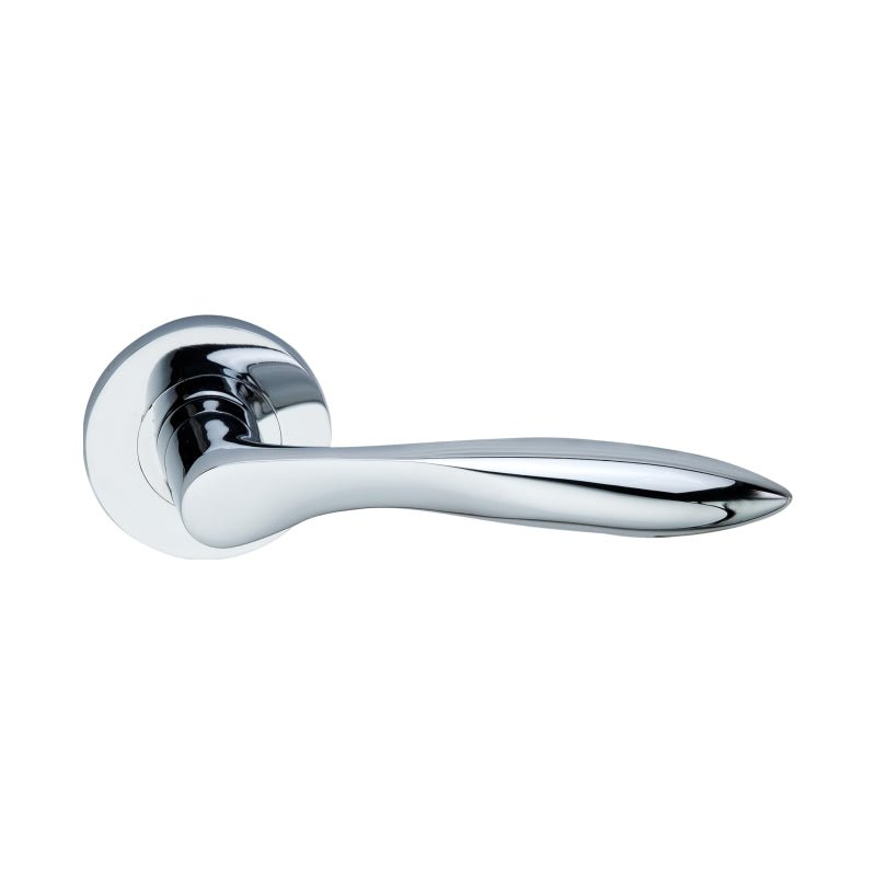 Spira Brass Pearle Door Handle in a polished chrome finish, featuring a sleek, curved design with a circular base for easy installation.