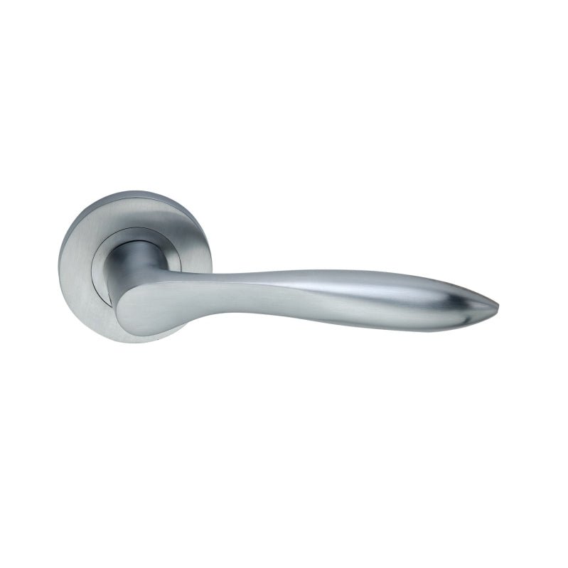 Spira Brass Pearle Door Handle in a brushed nickel finish, featuring a sleek, elongated design with a circular base for easy installation.