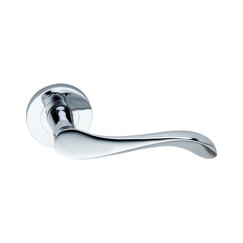 Spira Brass Rosalie Door Handle in chrome finish featuring a curved lever design and a round rosette for easy installation.