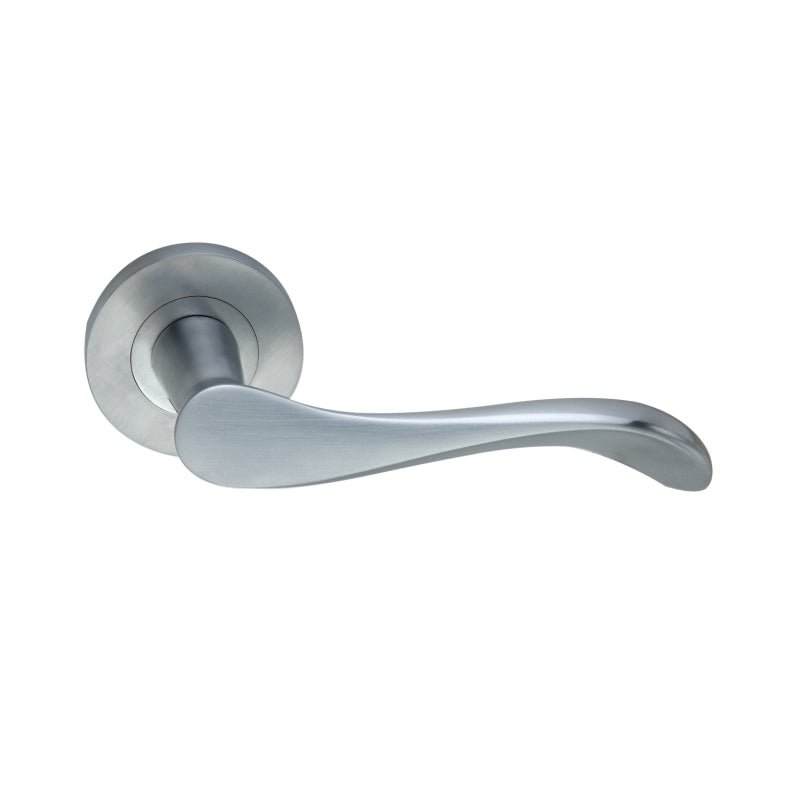 Spira Brass Rosalie Door Handle in a brushed nickel finish, featuring a sleek and curved design with a round rose plate.