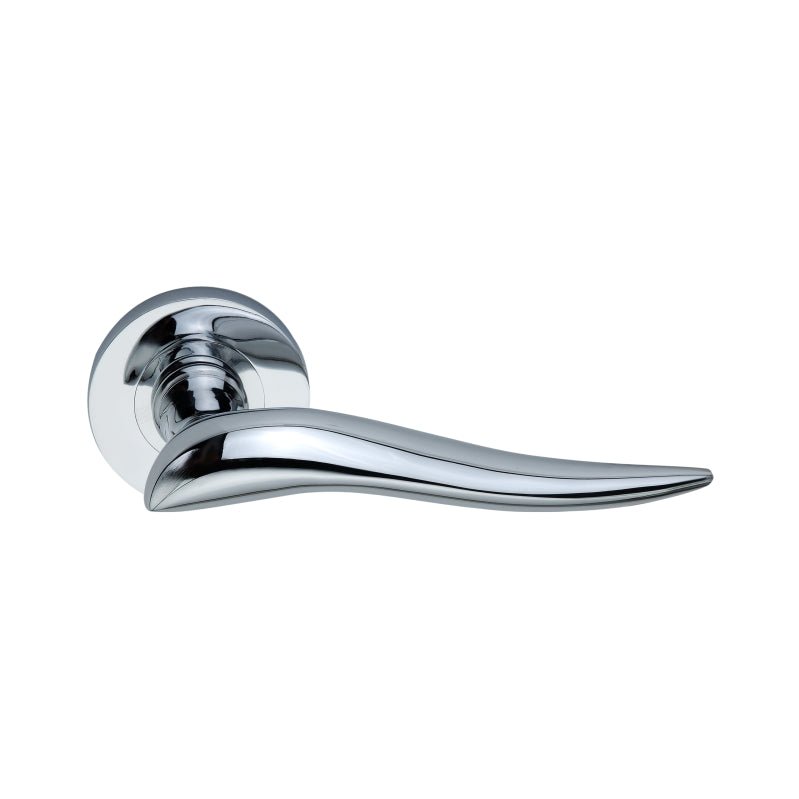 Spira Brass Flavia Lever Door Handle in a polished chrome finish, featuring a sleek curved design with a round rose plate for mounting.