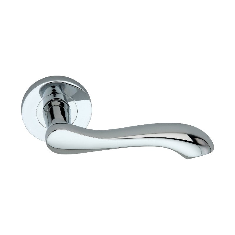 Spira Brass Camila Door Handle in polished chrome finish, featuring a sleek, curved design and a round rose. The handle is designed for easy grip and smooth operation.