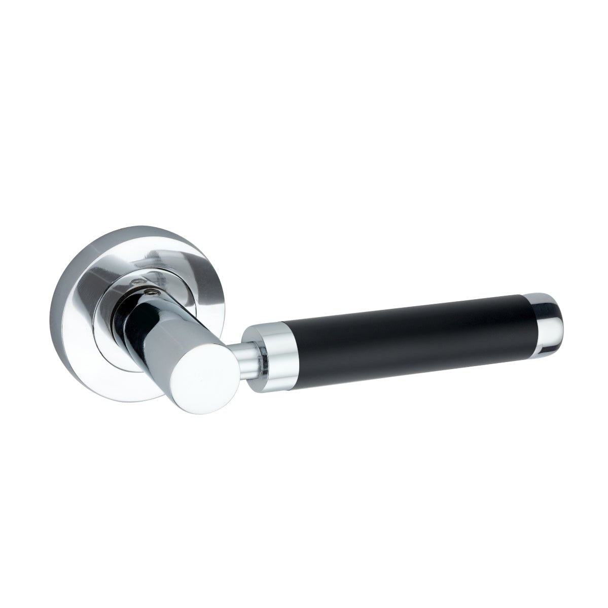 Spira Brass Zest Lever Door Handle featuring a chrome finish and a black grip, designed with a round rose for mounting.