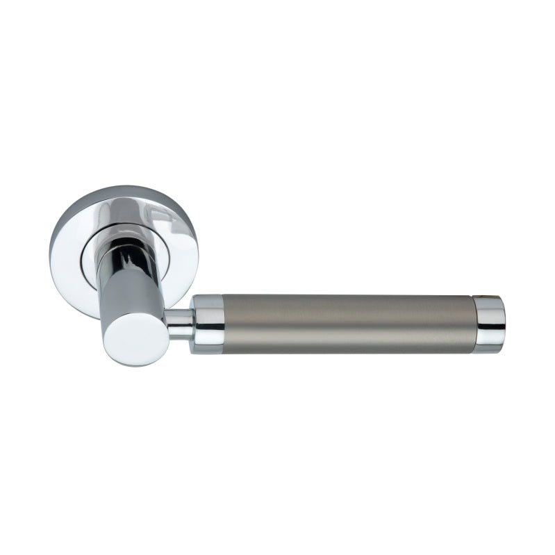 Spira Brass Zest Lever Door Handle featuring a chrome finish and a ergonomic gray grip, designed with a circular rosette and a straight lever for effective functionality.