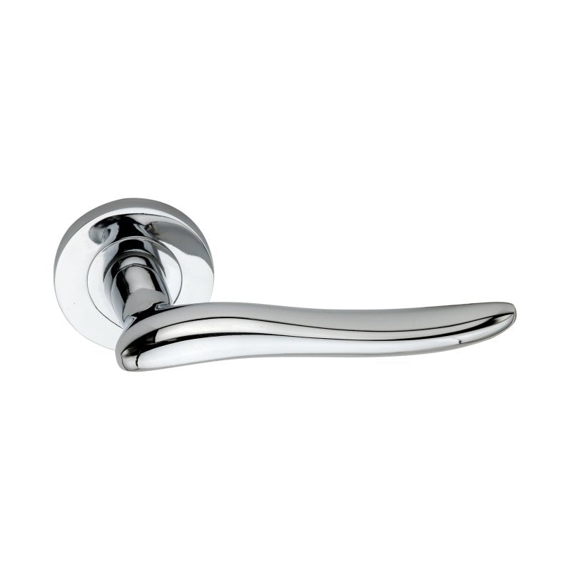 Spenza Lever Door Handle by Spira Brass in a polished chrome finish, featuring a sleek, ergonomic lever design attached to a circular base.