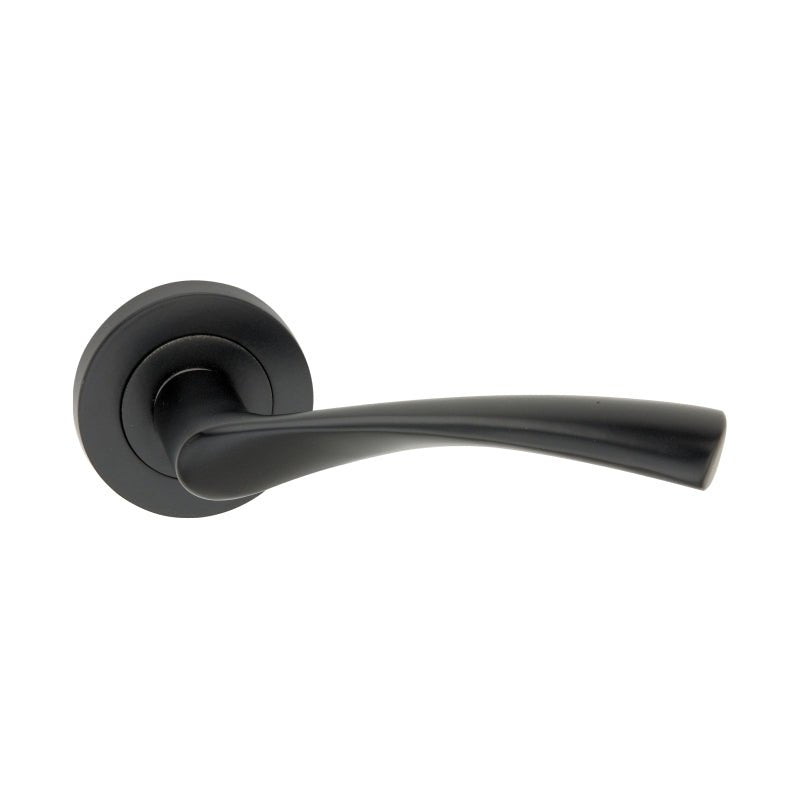Spira Brass Mercury Lever Door Handle in a sleek black finish, featuring a curved lever design and a circular rosette for secure mounting.