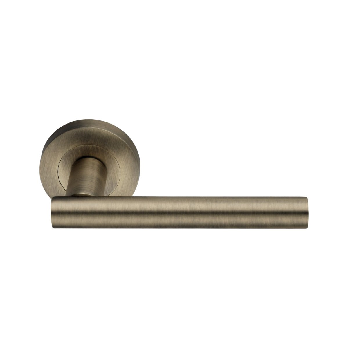 Spira Brass Jura Lever Door Handle in a brushed antique bronze finish, featuring a long, cylindrical lever and a rounded rosette backplate.