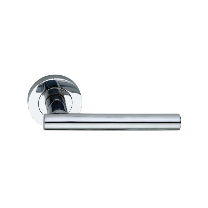 Spira Brass Jura Lever Door Handle featuring a sleek chrome finish, with a cylindrical lever design attached to a round rose plate.