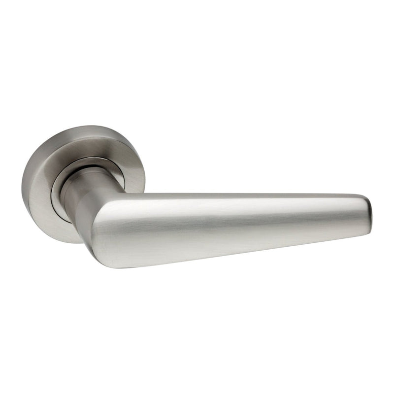 Spira Brass Aero Lever on Rose in brushed nickel finish, featuring a smooth, tapered lever design and a circular rose plate for attachment.