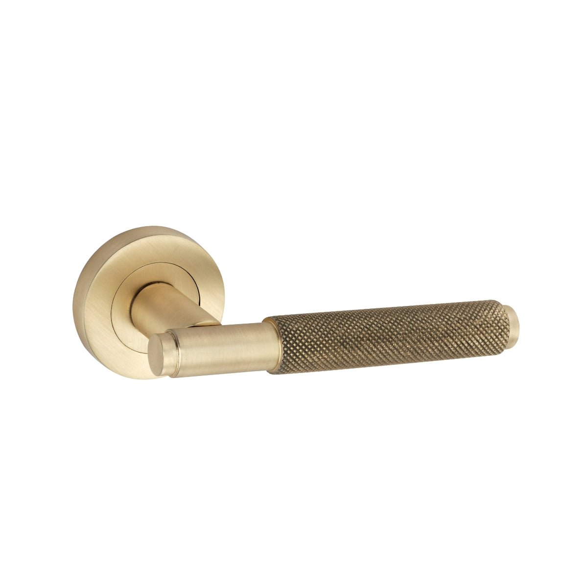 Spira Brass Connaught Lever on Rose in brushed brass finish, featuring a textured grip handle and circular rose plate for secure mounting.