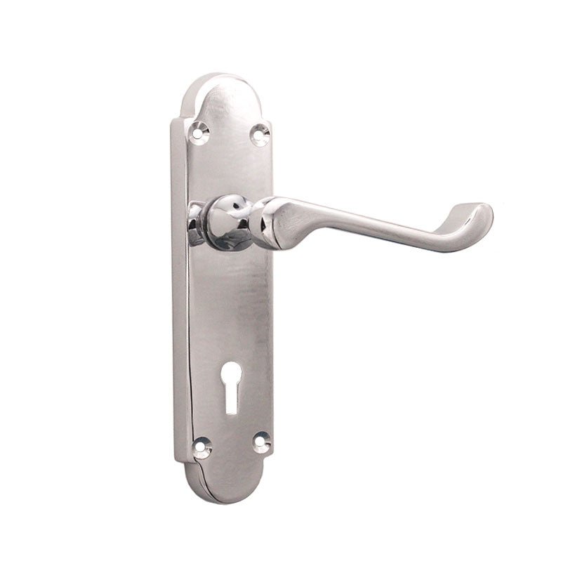 Spira Brass Oakley (S-Type) Lock Handle on Backplate in chrome finish, featuring a curved handle design and a backing plate with a keyhole opening.