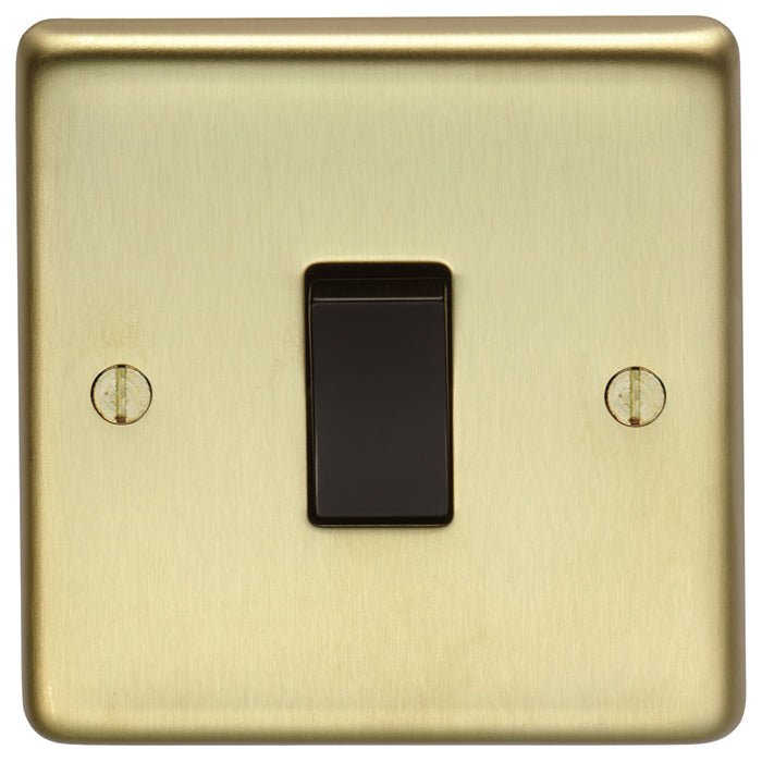 Eurolite Stainless Steel 20Amp Switch in Satin Brass finish with a black toggle switch and visible screws, designed for electrical applications.