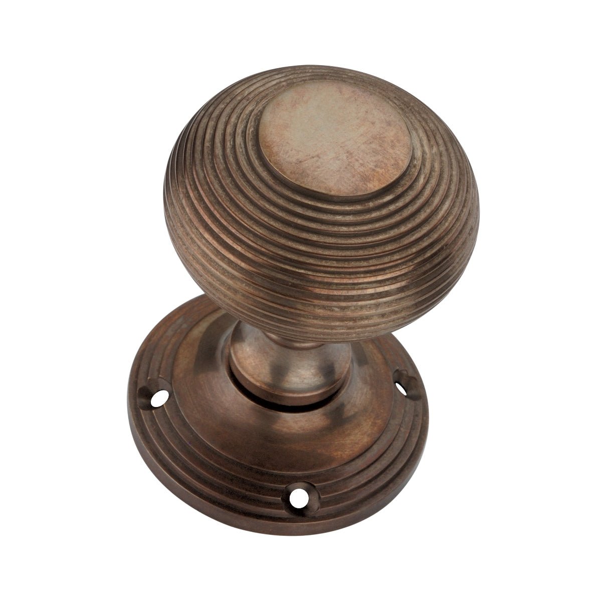 Spira Brass Beehive Door Knob in antique finish, measuring 55mm in diameter, features a round, ribbed design and a circular base plate. The knob is made of solid brass, showcasing a textured surface.