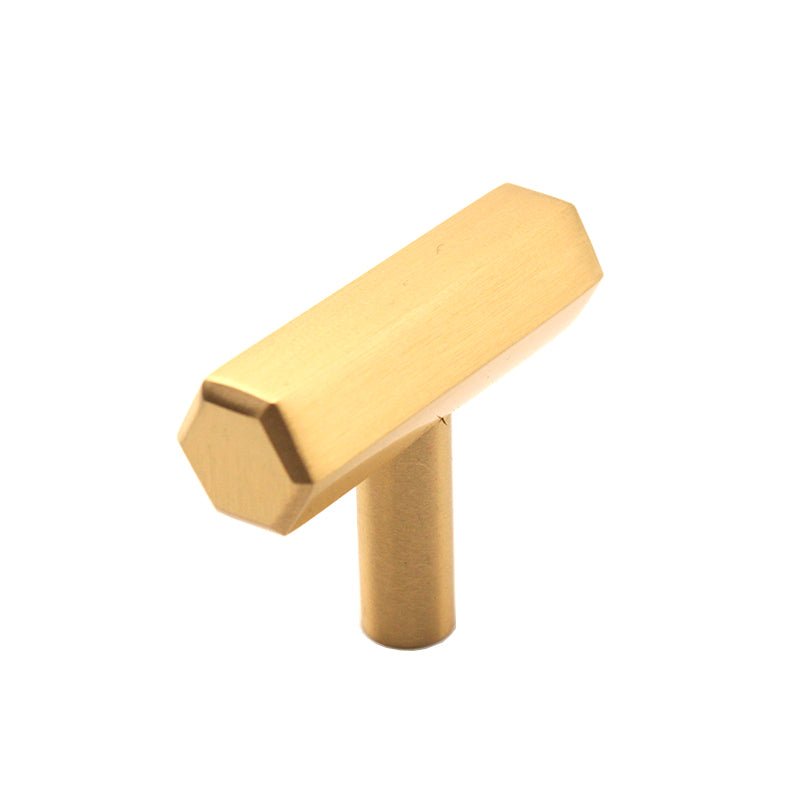 Spira Brass Hexagonal T Bar Cupboard Pull in a brushed gold finish, featuring a hexagonal design with a straight T-shaped handle, designed for cabinet or cupboard doors.