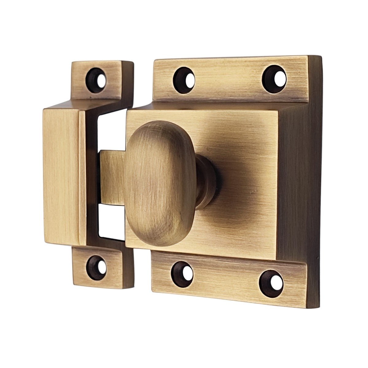 Spira Brass Cupboard Catch in an antique brass finish, featuring a round knob and a rectangular base with multiple mounting holes for secure installation.