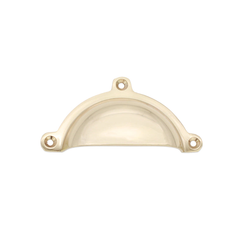 Spira Brass Cottage Cup Pull in a polished brass finish, featuring a curved design and three pre-drilled holes for easy installation. The cup pull is designed for cabinetry or drawers.
