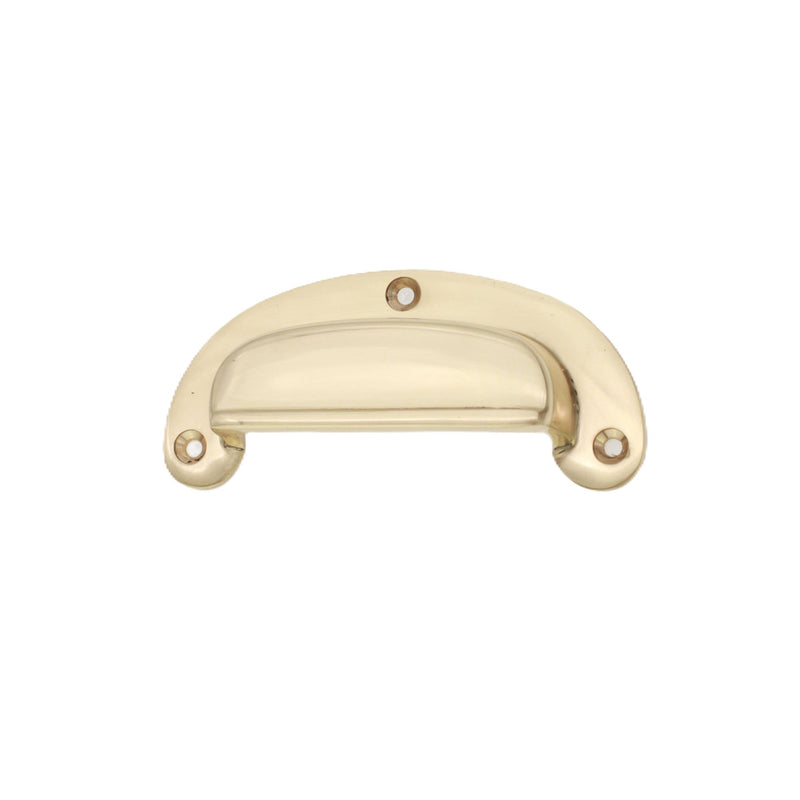 Spira Brass Traditional Cup Pull in polished brass, featuring a curved design with mounting holes on either side for easy installation.