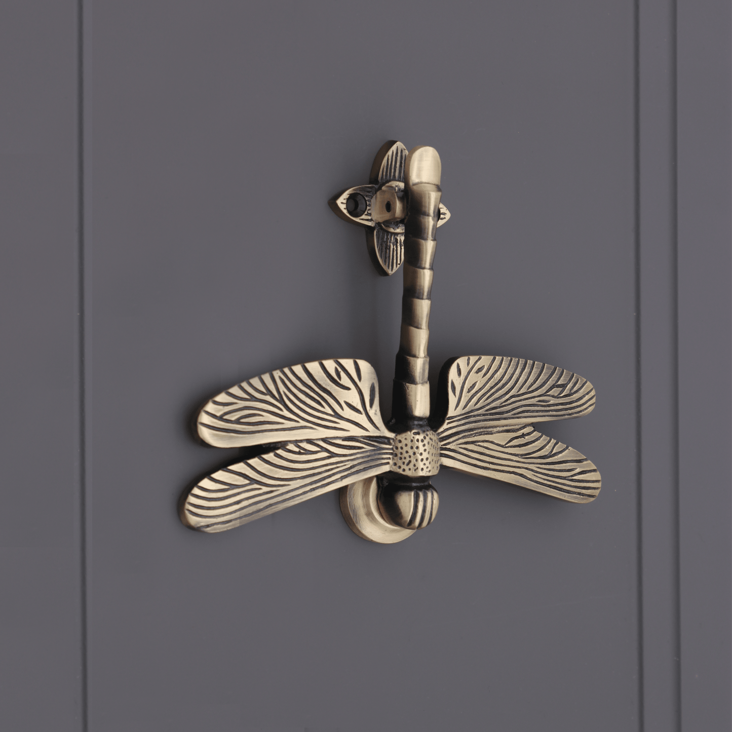 Spira Brass Dragonfly Door Knocker in an antique brass finish, featuring detailed wings and a spiral tail design, mounted on a decorative plate.