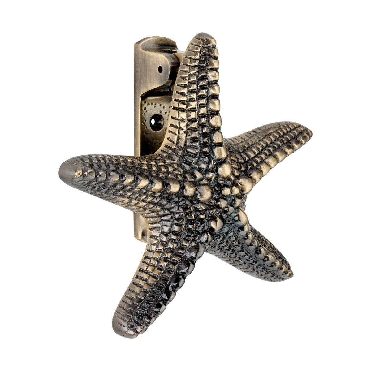 Spira Brass Starfish Door Knocker in an antique finish, featuring a detailed starfish design with raised textures and a sturdy backing for secure installation.