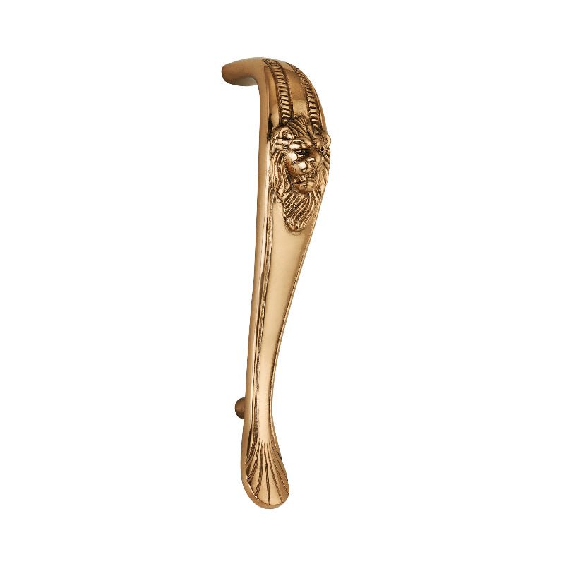 Spira Brass Lion Cabinet Handle in a polished gold finish, featuring an intricate lion head design, made from durable brass material, shown with a smooth curved form.
