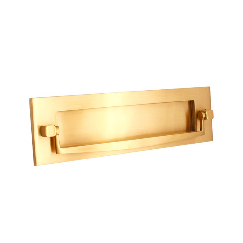 Spira Brass Regency Knocker Postal Plate 250mm in a polished gold finish, featuring a rectangular design with a handle, made of solid brass for durability and an elegant appearance.