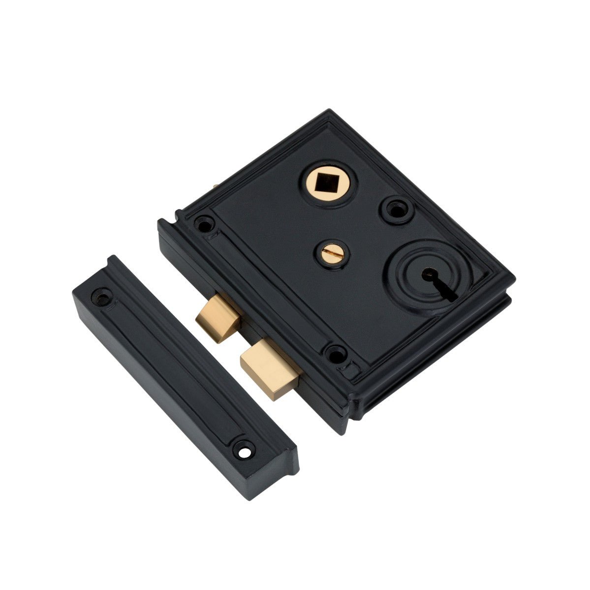 Spira Brass Vertical Rim Lock in black finish with gold accents. The lock features a square body with various keyholes and a rectangular strike plate, designed for security applications.