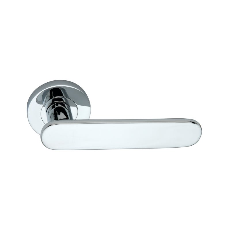 Spira Brass Skyla Lever Door Handle in polished chrome finish, featuring a sleek, elongated lever design mounted on a circular base, designed for interior doors.