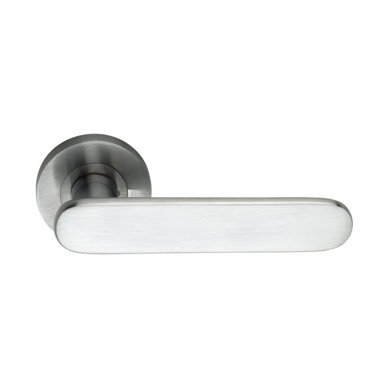 Spira Brass Skyla Lever Door Handle with a brushed nickel finish, featuring a smooth, elongated levers and a round rose plate. The design emphasizes simplicity and functionality.