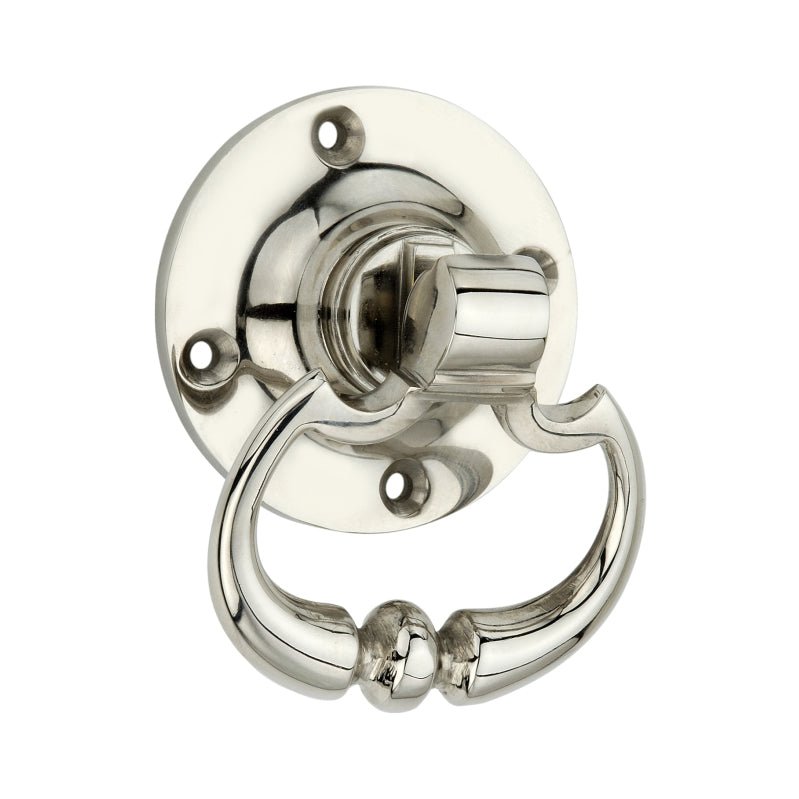 Spira Brass Dutch Drop handle in polished nickel, featuring a round backplate and a decorative drop pull for door or cabinet use.