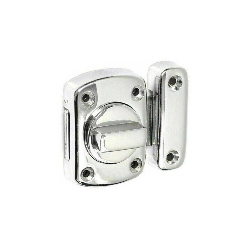 Spira Brass Sigma Bathroom Latch Small in polished chrome finish, featuring a round bolt mechanism and a rectangular strike plate, designed for secure bathroom doors.