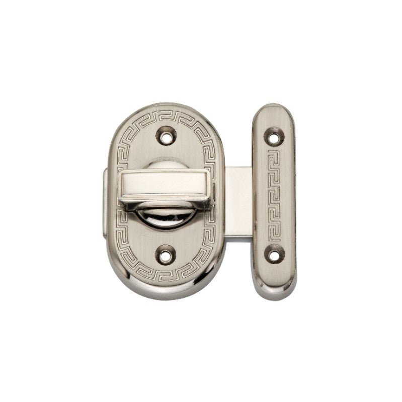 Spira Brass Delta Bathroom Latch in a polished nickel finish, featuring an oval shape with decorative detailing and a sliding bolt mechanism, includes a matching strike plate.