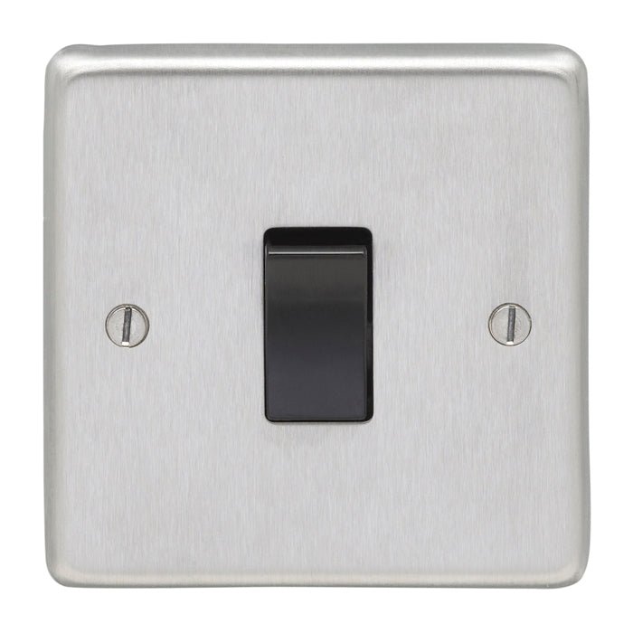 Eurolite Stainless Steel 1 Gang Switch in satin stainless steel, featuring a black toggle switch and a square plate with two visible screw holes for installation.