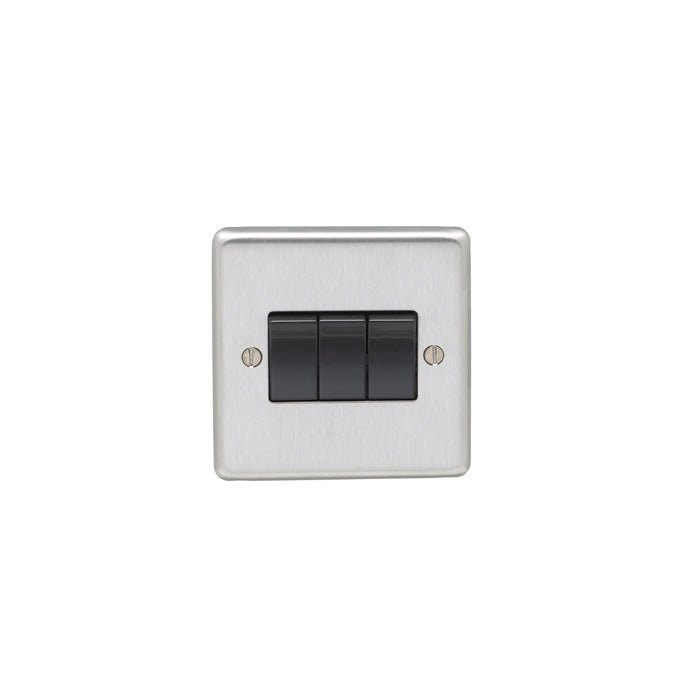 Eurolite Stainless Steel 3 Gang Switch in satin stainless steel featuring three black switches, designed for wall mounting with visible screw holes.