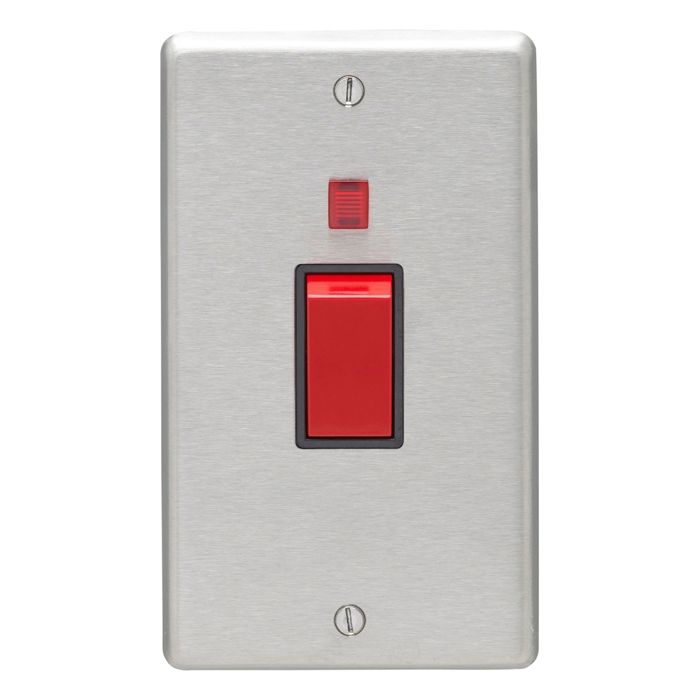 Eurolite Stainless Steel 45Amp Switch With Neon Indicator in satin stainless steel finish, featuring a red rocker switch and a small neon indicator light above the switch, mounted on a rectangular plate.