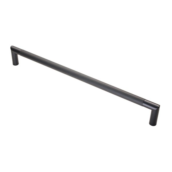 Carlisle Brass Mitred Knurled Pull Handle Range in a dark finish, featuring a knurled texture along the handle and tapered ends, designed for cabinets or furniture applications.