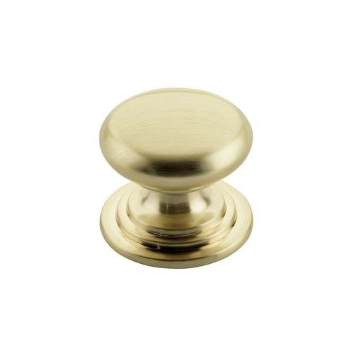 Zoo Hardware Round Cabinet Knob in a brushed brass finish, featuring a round design with a diameter of 37mm, mounted on a raised base.