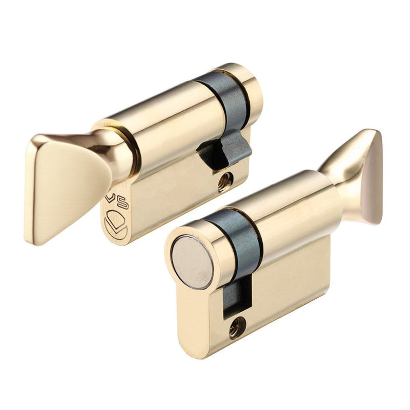 V5 Euro Profile Single Turn Cylinder Polished Brass 40mm Love Handles uk