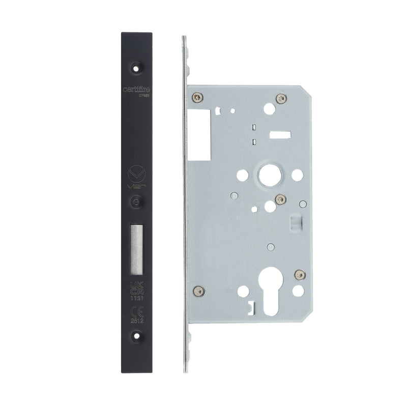 2 Piece DIN Euro Profile Deadlock 55-60mm 60mm - Single Throw Square Powder Coat Black Love Handles uk