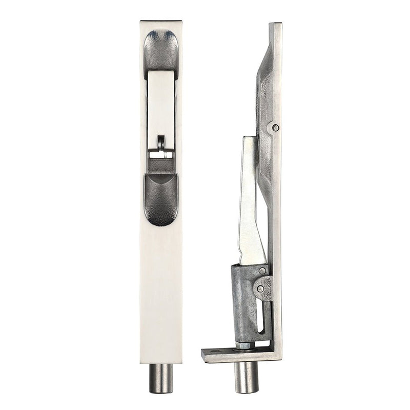 Zoo Hardware Lever Action Flush Bolt, dimensions 20 x 150mm, shown in a metallic finish with a lever mechanism and retractable rod for secure door locking.